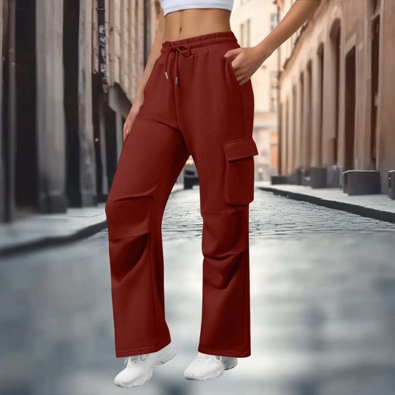 Vmvidoty Women's Work Sweatpants Solid Color Elastic Waist with Drawstring and Multi-Pocket Wine XXL