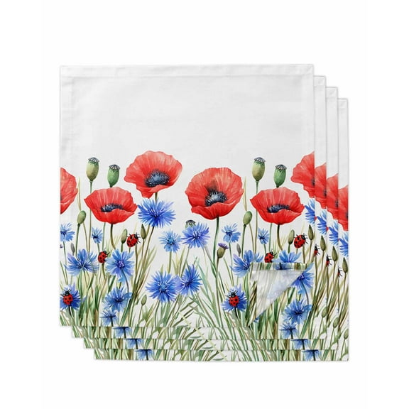 nqOlkjepod Red Poppy Flower Cloth Napkins Set of 4 Reusable Dinner Napkins, Vintage Blue Independence Day Floral Cocktail Napkin Washable Table Napkins for Wedding/Holiday Party/Baby Shower 20"x20"