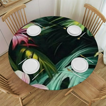 

Patifu Tropical Leaves and Flowers Round Tablecloth Stain-Resistant Washable Ideal for Indoor Outdoor Restaurants 100% Polyester Table Cover Full Width Single-Sided Printing 54 -58