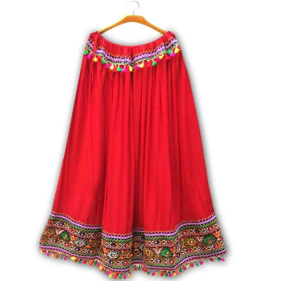 Chadrakala Women's Rayon Cotton Indian Ethnic Lehenga Flaire Long Maxi Ghagra Skirt Embroidered Border ,Free Size, Red (S104RED)