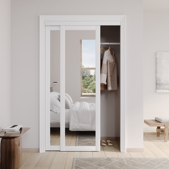 48" x 80" 1 Lite Mirrored White Sliding Closet Door with Hardware Kit