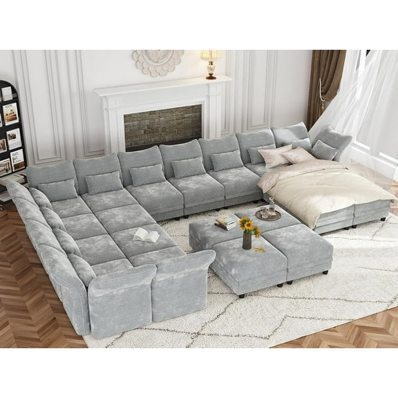 LLappuil Modular Sectional Sofa, 21 Seat Modular Sectional Sofa with 8 Storage Ottoman, 25.6 Deep Seat Chenille Sofa Gray