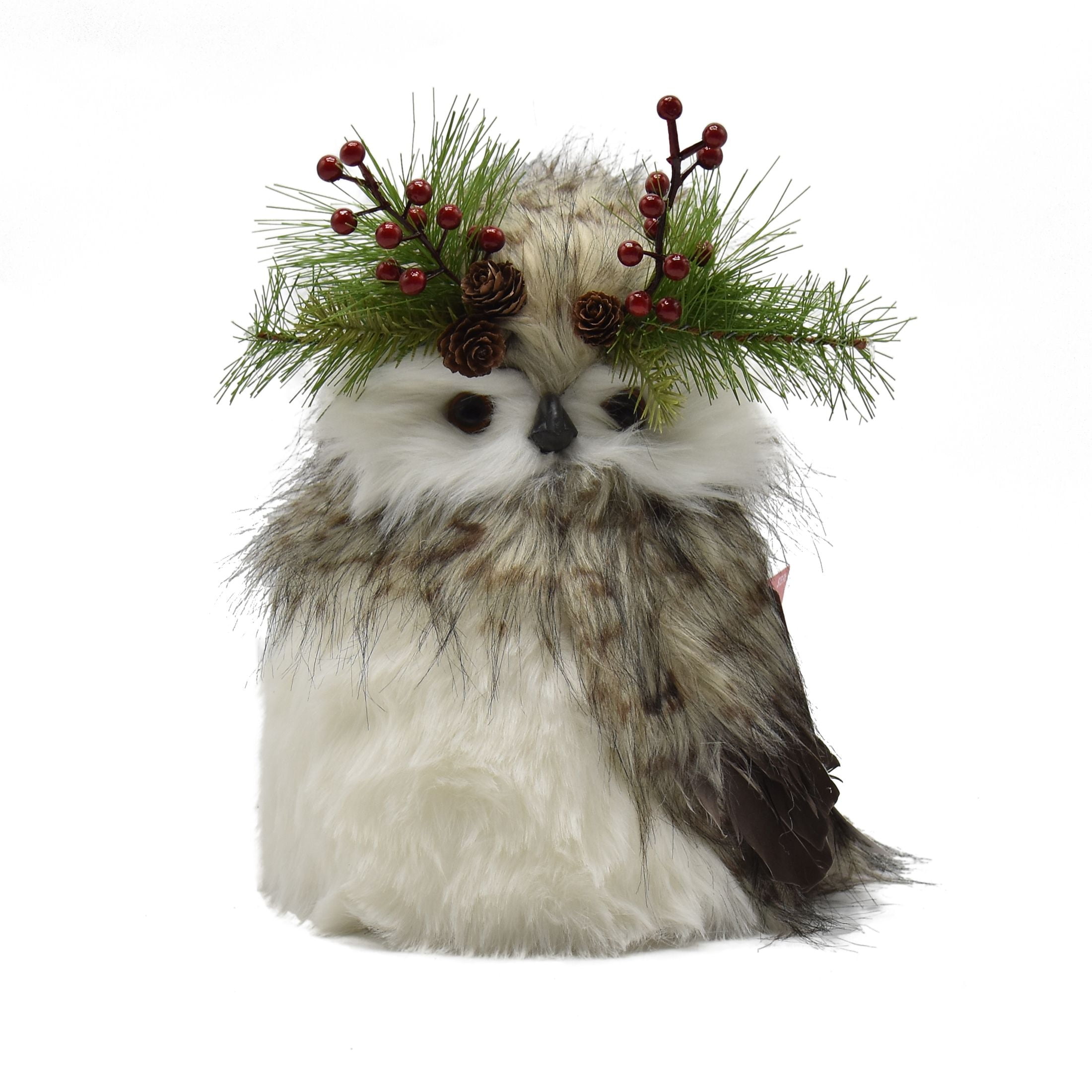 Holiday Time Gray and White Fur Owl with Mistletoe Tree Topper, 11.8”
