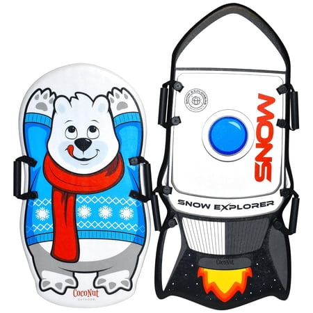 CocoNut Outdoor: Single & Double-Rider Foam Sleds - 2 Pack, Polar Bear & Rocket Ship - Lightweight Snow Toboggans, Slick Bottom, 110lb Cap Kid-Teen 5+