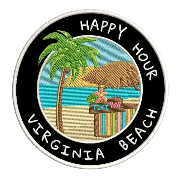 Happy Hour! Virginia Beach, Virginia 3.5 Inch Iron Or Sew On Embroidered Fabric Badge Patch Ocean Beach, Salt Life Iconic Series