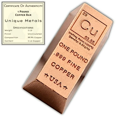1 Pound Copper Bar Paperweight with Element Design | 999 Pure Chemistry Element Design with Certificate of Authenticity By Unique Metals