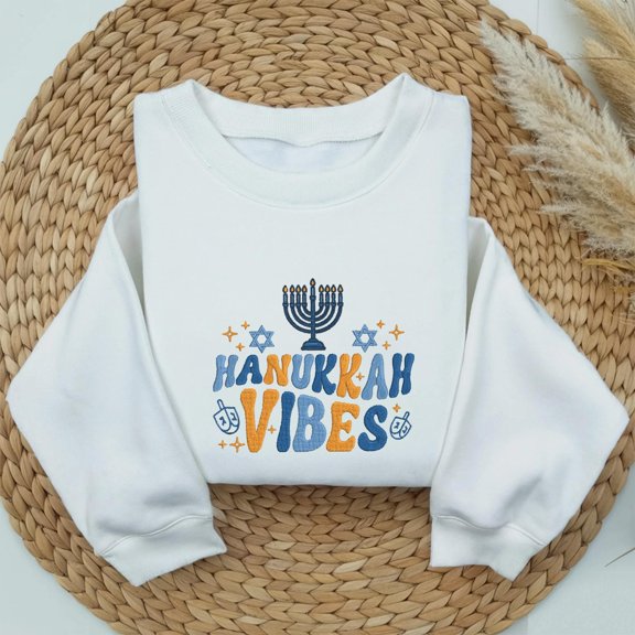 Embroidered Hanukkah Vibes Sweatshirt, Hanukkah Dinner Shirt, Funny Jewish Family Tee, Hanukkah Latke Sweater, Menorah Chanukah, Jewish Gift
