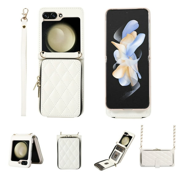 Crossbody Wallet Case for Samsung Galaxy Z Flip5 Chain Lanyard & Wrist Hand Strap Case with Card Slots Zipper Pocket Kickstand, Skin-Feel PU Leather Shockproof Cover, White