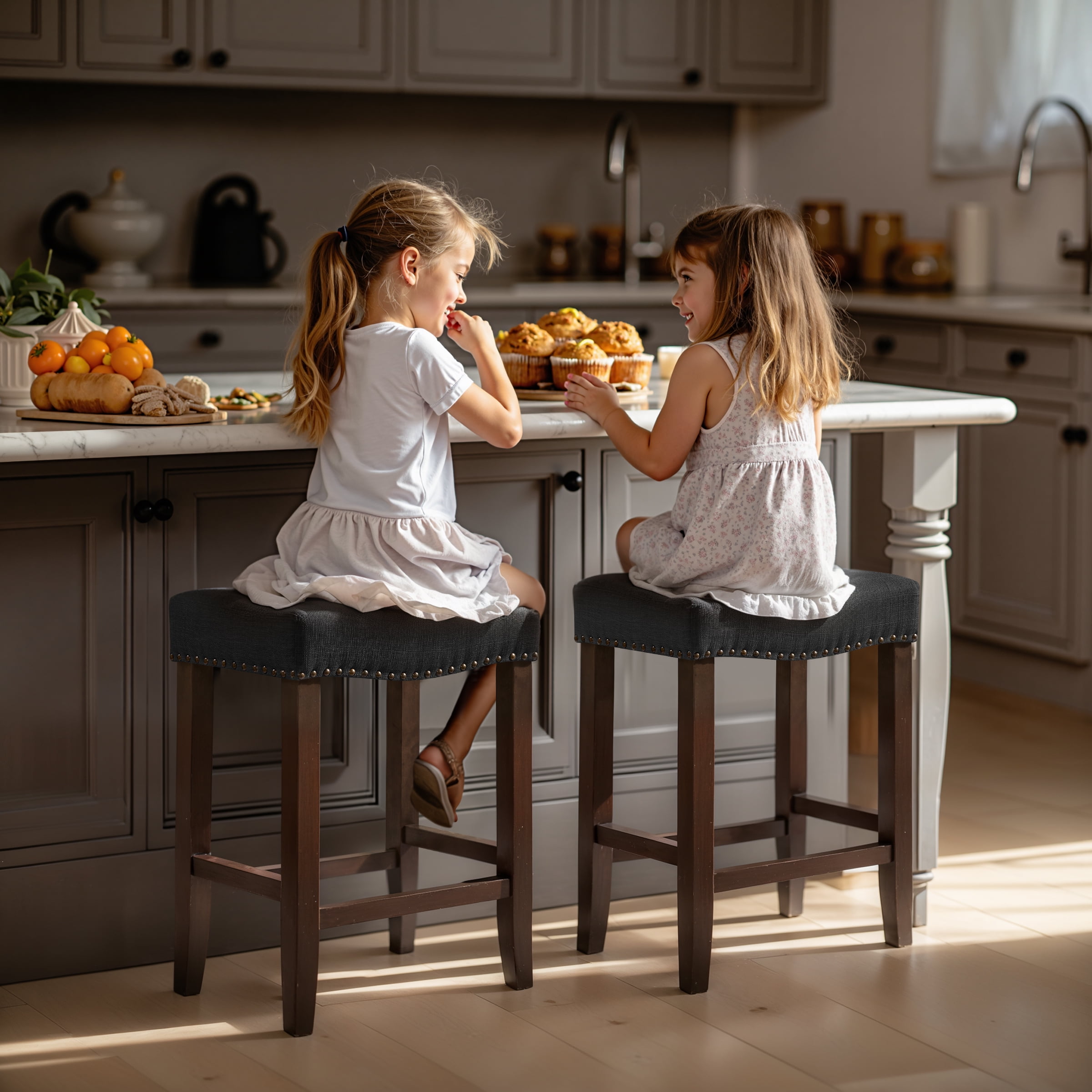 Subrtex 24" Backless Bar Stool, Wood Upholstered Counter Stool for Kitchen, Set of 2, Black