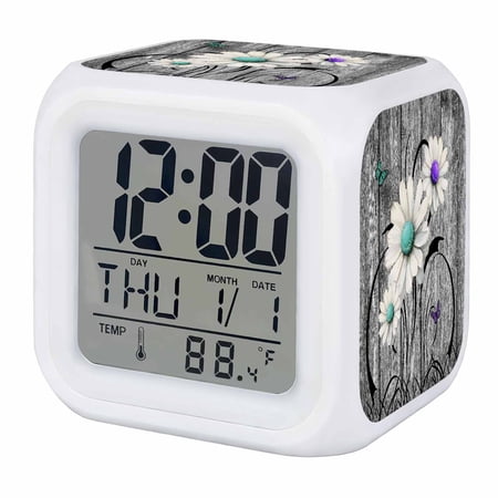 Alarm Clocks Rustic Daisy Digital Clock 7 Color LED Night Light Silent Non Ticking Battery Operated