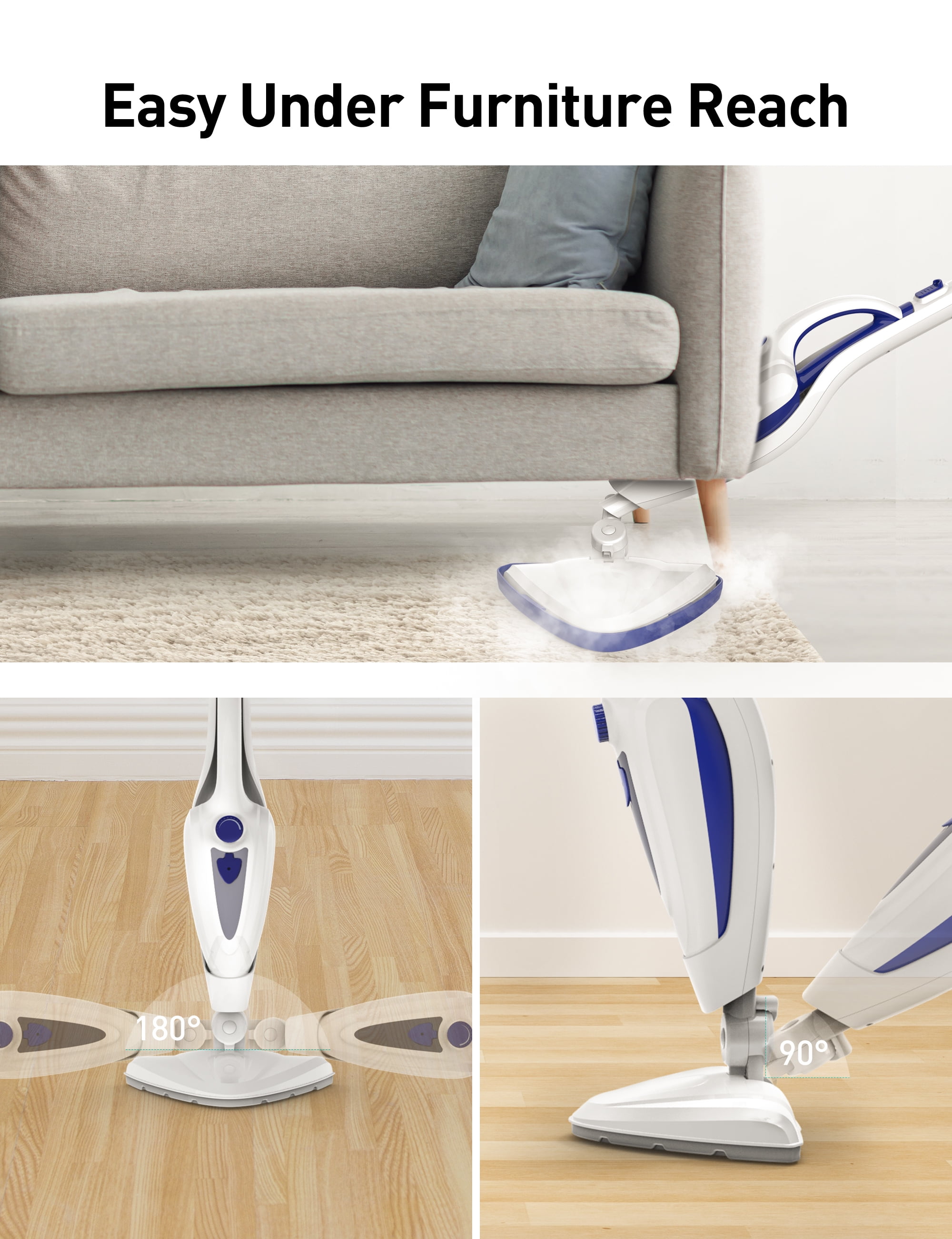Steam Mop 12-in-1, 1500W Detachable Handheld Steam Cleaner, Fast 15s Heat-Up, 2 Dirt Grip Pads, Removes 99.99% Stubborn Stains for Hardwood Floors, Clothes, Windows, Tiles, Furniture, Blue