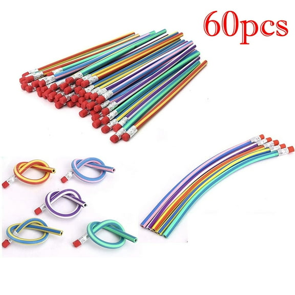 Curved Flexible Pencils with Eraser | Soft Colorful Multicolor Stripe Design | Bendable Writing Supplies Pack | 60 Pieces | Assorted Blue Purple White Red Green