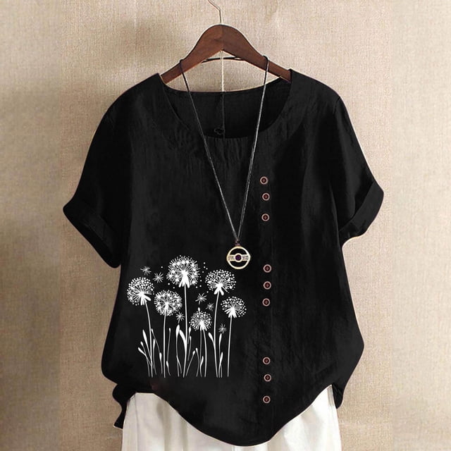 TaTaai Women's Everyday Casual Blouse, Linen Feel Round Neck T-Shirt, Short Sleeve Comfortable Top for All Occasions Gift