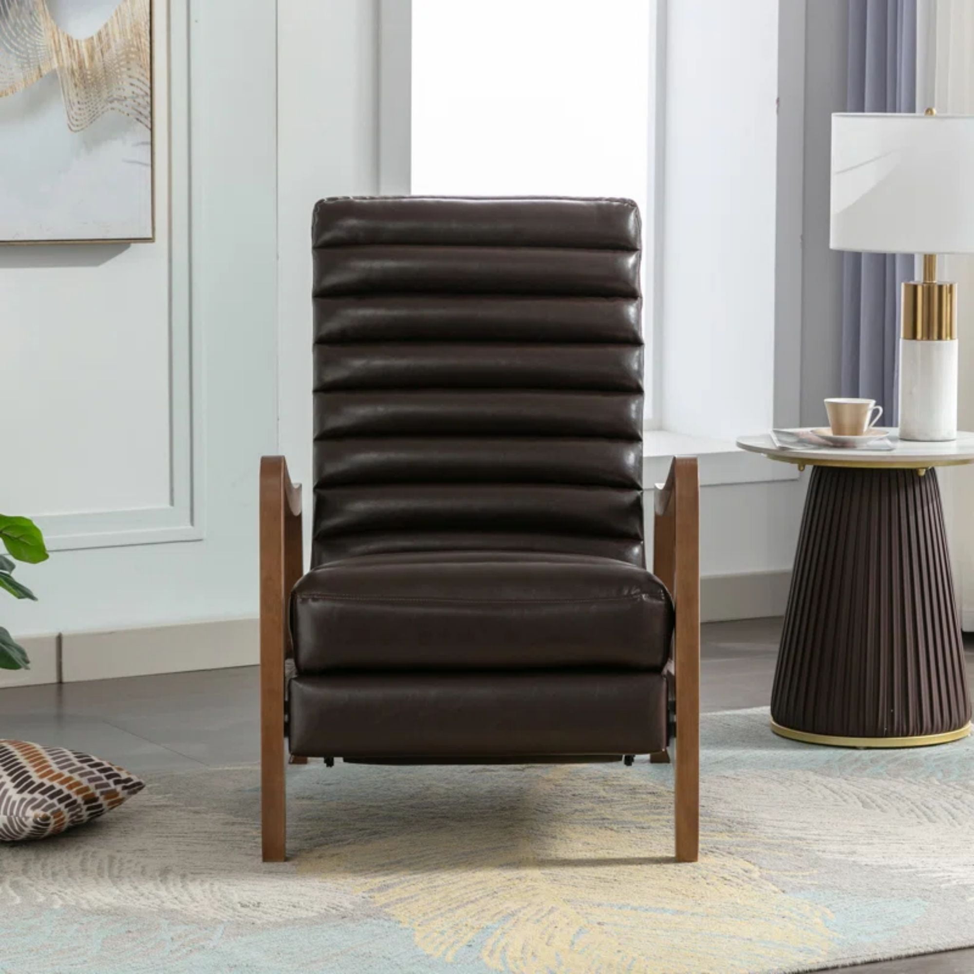 Bestier 26" Accent Chair, Luxurious Oil Wax Leather Recliner for Adults, Upholstered Push Back Reading Chair with Parawood Frame, Brown