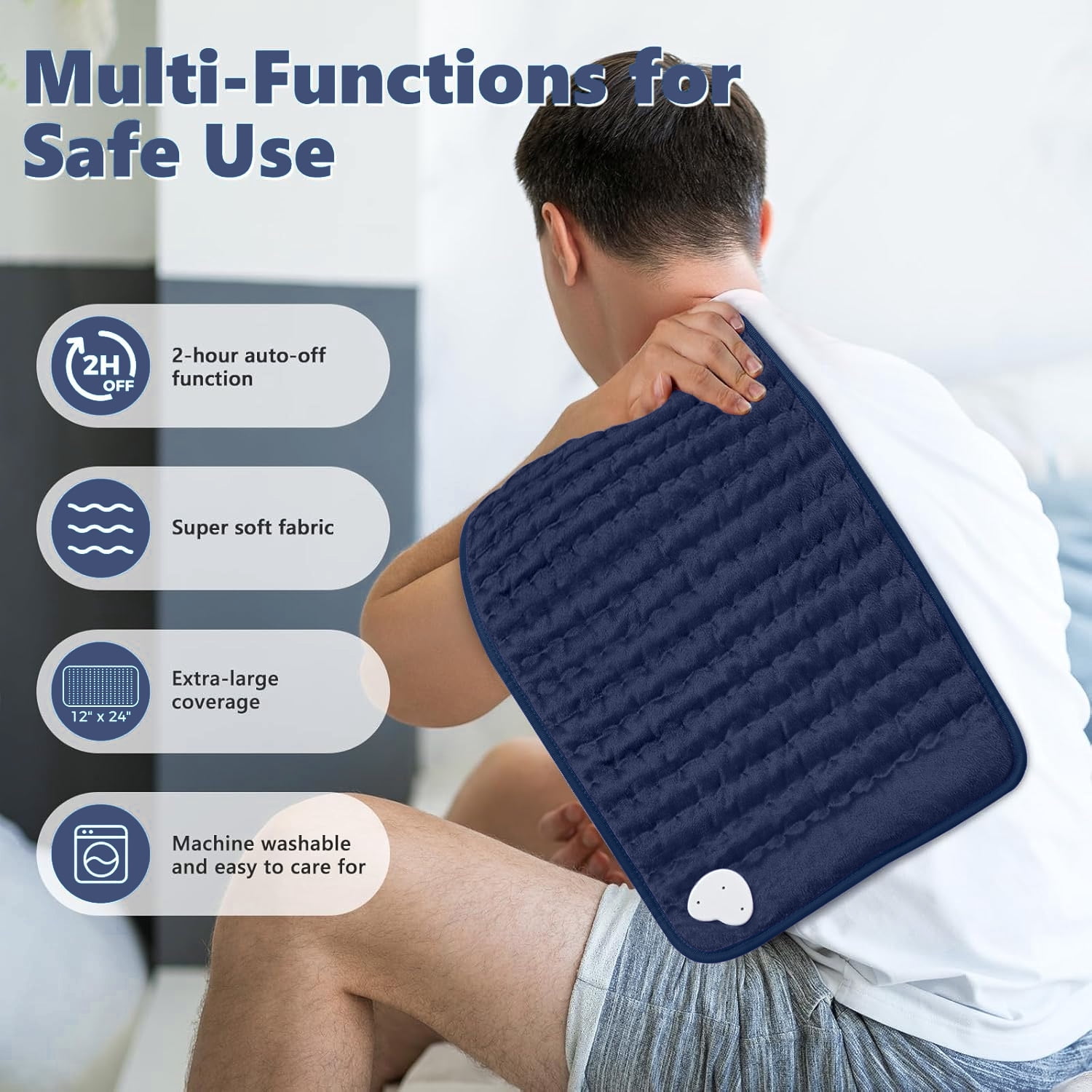 Heating Pad for Back,Neck,Abdomen,Shoulder,Knee,Arms,Legs,Dry/Moist Heat & Auto Shut off, Birthday Gifts for Men and Women,12" x 24",Navy Blue,1 Pack