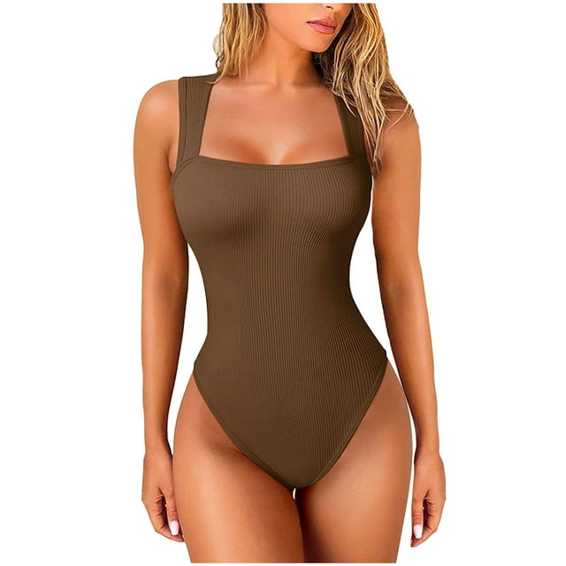 Bigersell Ribbed Bodysuit for Women One-Piece Swimsuits High Cut Bathing Suit Racerback Soft Cup Padded 1 Piece Swimsuit Coffee S