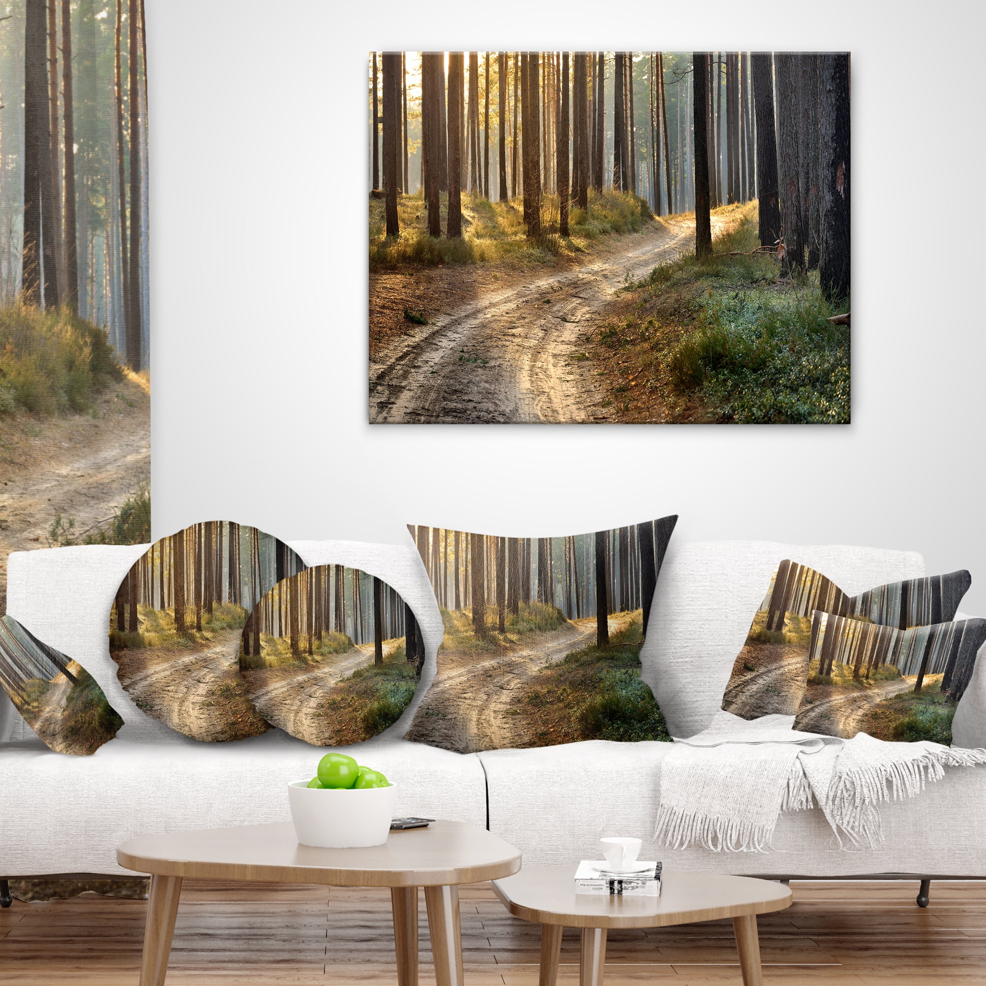 Designart Road in Thick Morning Forest - Landscape Photo Throw Pillow - 12x20