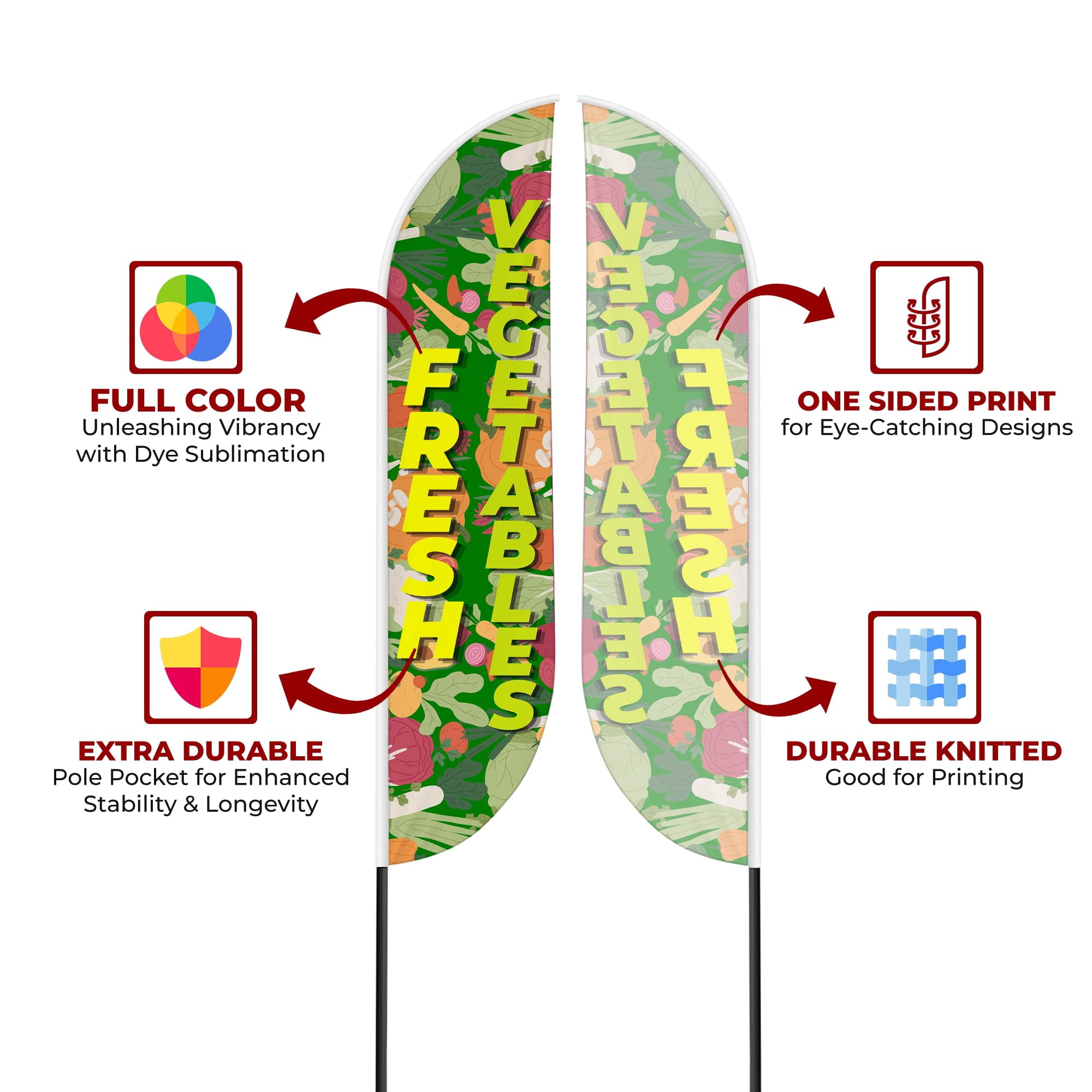 Fresh Vegetables Sign feather flag Outdoor by Mavis Printing | 11.5 FEET Long Polyester Outdoor Banner Flag Easy Hang | HD Print Swooper I Flag Only to Advertise Fresh Vegetables Business I Flag Only