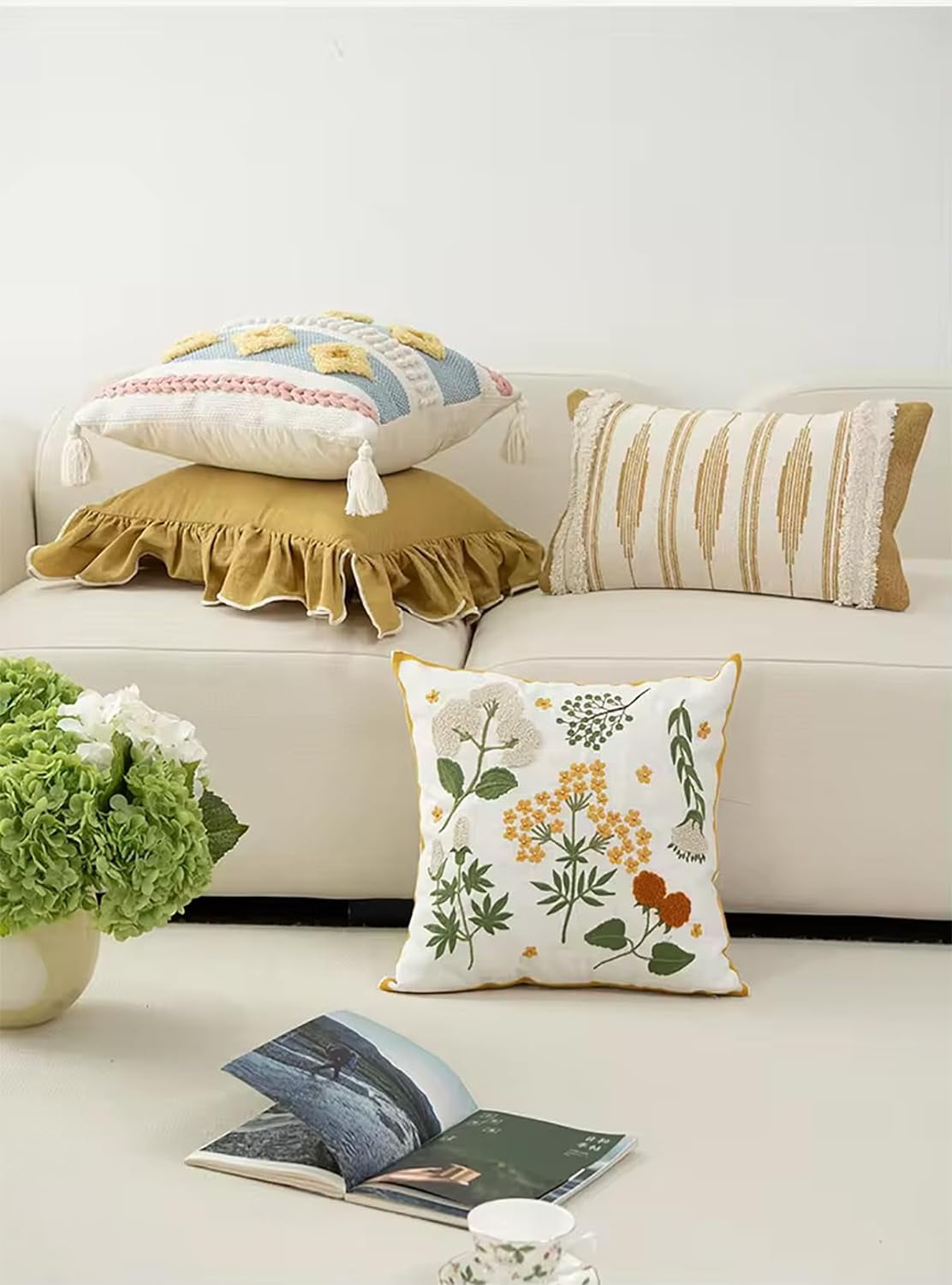 Fennco Styles Embroidered Spring Floral Decorative Filled Throw Pillow 18" W x 18" L - Yellow Flower Woven Cushion for Home, Couch, Living Room, Bedroom, Office and Holiday Décor