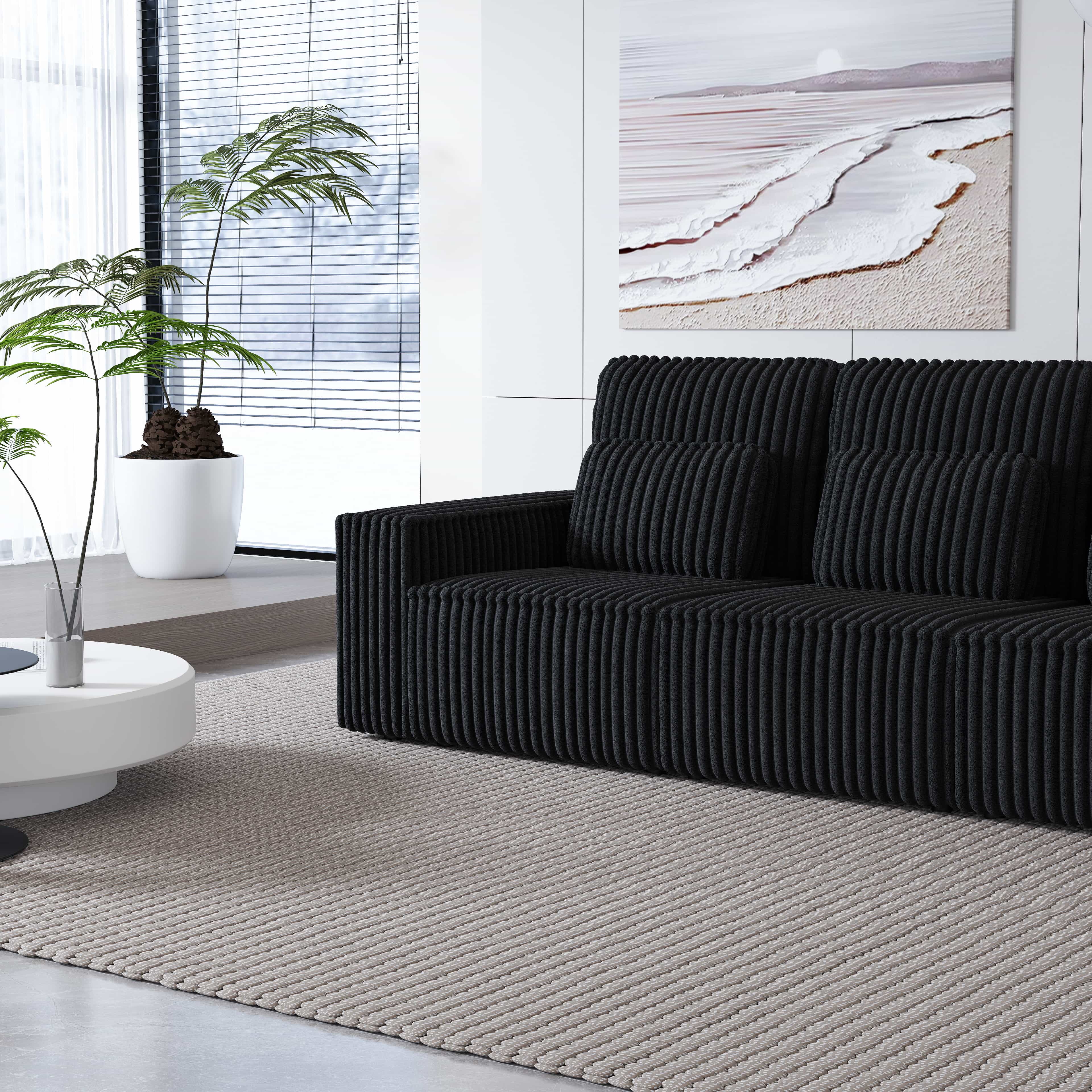 BSHTI Classic Corded Comfort Sofa with Pillows, Three-seater sofa, Corduroy Upholstery, removable back cushions, Easy to assemble, Black