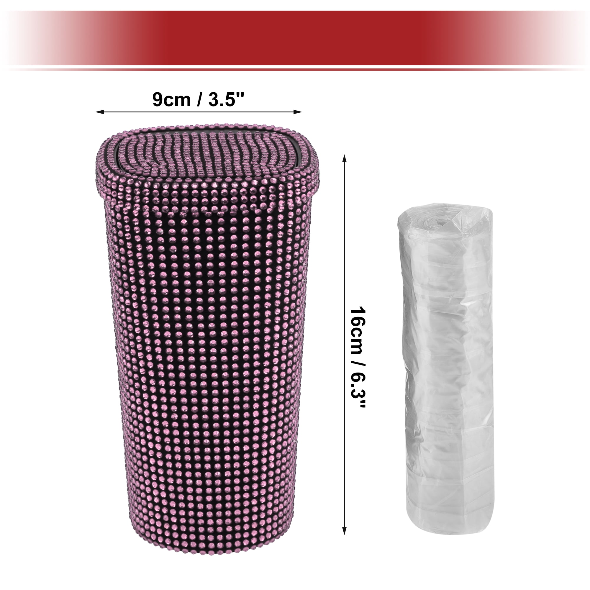 Unique Bargains Car Trash Can Bin Rhinestones Portable 3.5x3.5x6.3in Pink