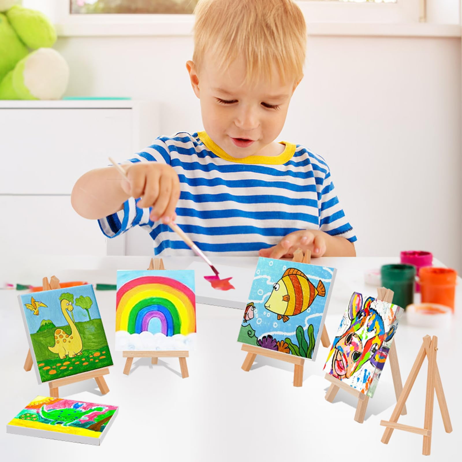 DIYMAG 20 Pack Mini Stretched Canvas with Wooden Easel, 4x4 Inch Art Primed Canvases for Kids Painting with Easel, Acrylic Pouring, Oil Paint & Wet Art Media