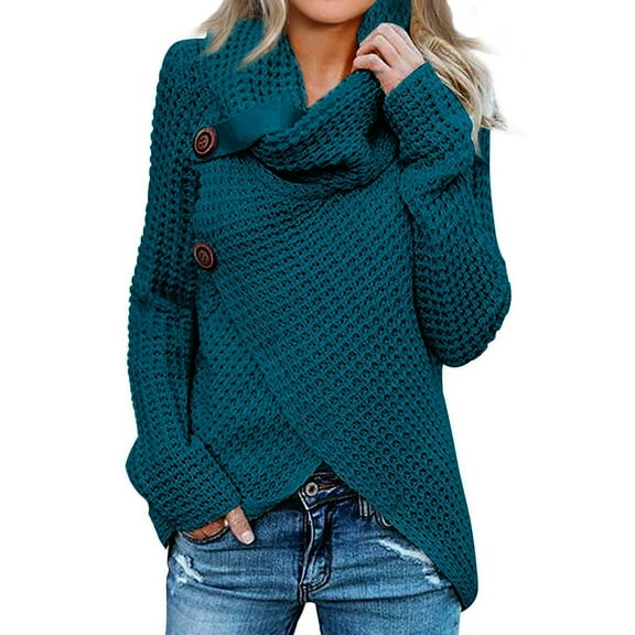 JGGSPWM Solid Waffle Shawl Collar Knit Sweaters for Womens Turtle Neck Long Sleeve Pullover Trendy Basic Jumper Going Out Tops Button Decor Irregular Hem Sweater Dark Blue XXL