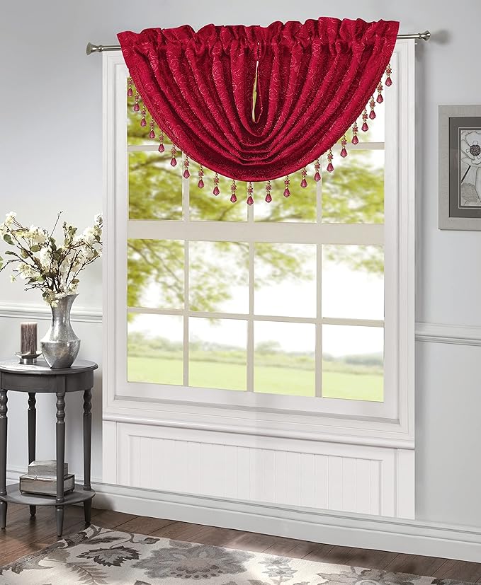 Angelina 7 Piece Damask Curtain Set with Beaded Austrian Valances and Swag, 84" Long, Red