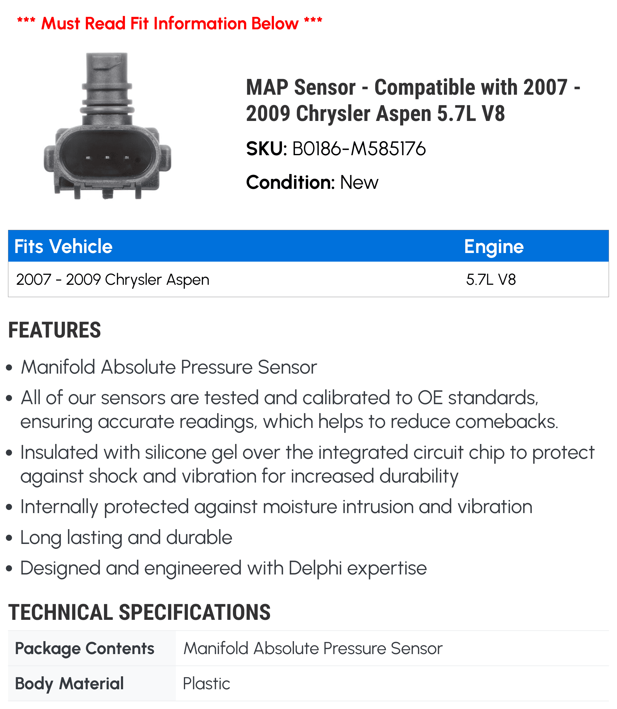 MAP Sensor - Compatible with 2007 - 2009 Chrysler Aspen 5.7L V8 2008