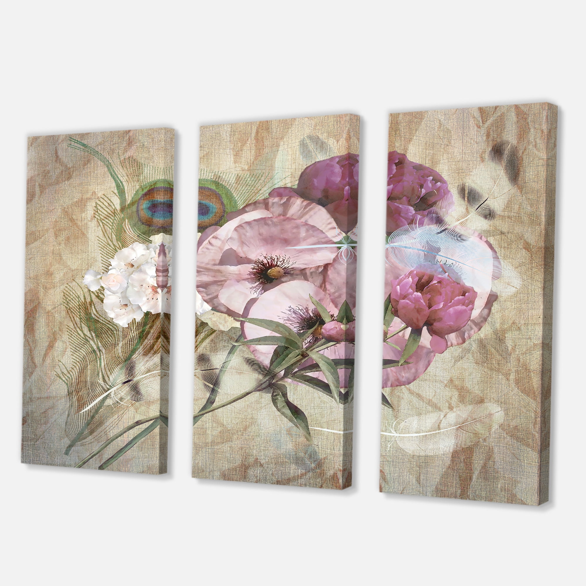 Designart ' Iris Bouquet Floral Design With Peacock Feather ' Traditional Canvas Wall Art Print