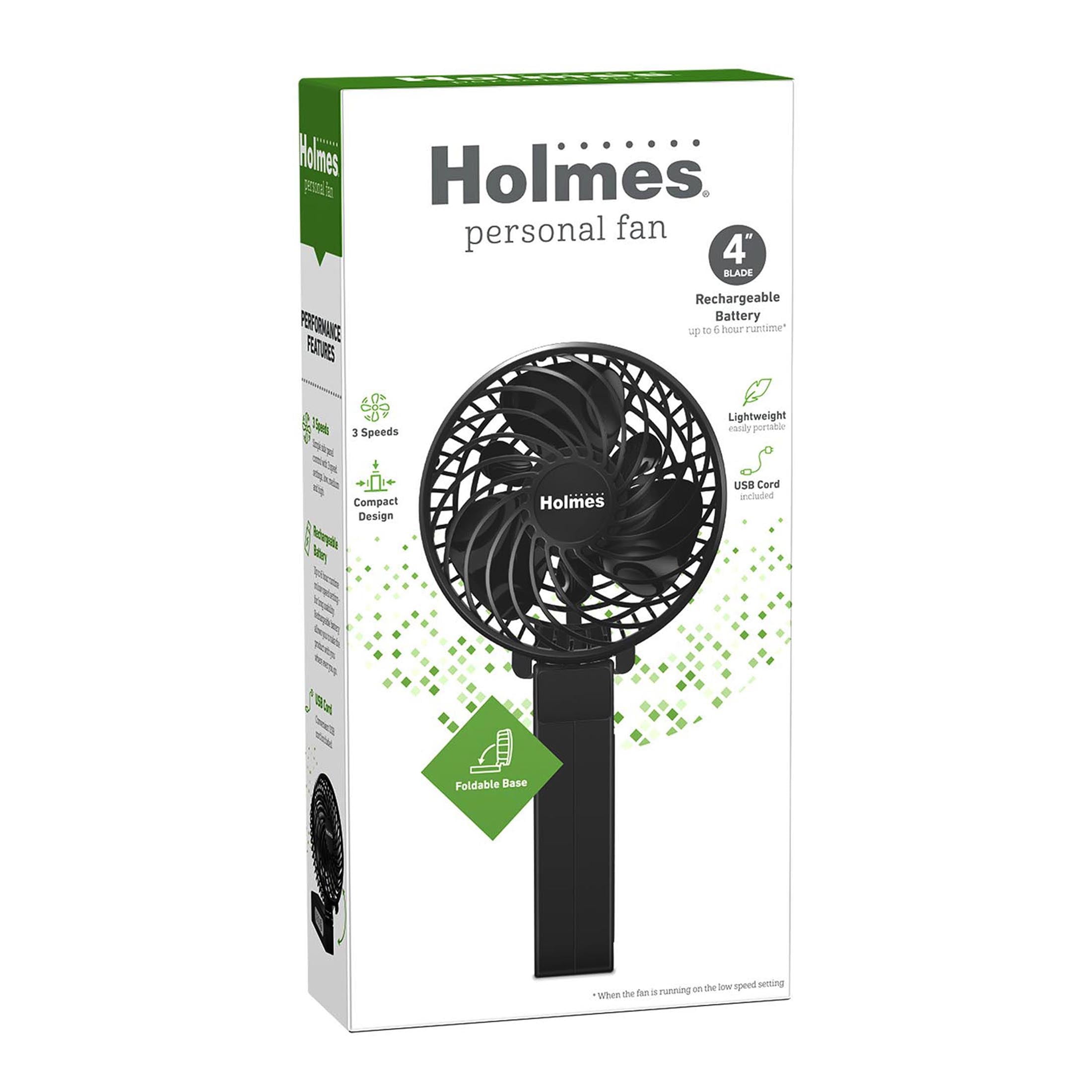 Holmes 4" Rechargeable Handheld Fan, 3-Speed, USB-C, 180° Tilt, Portable, Black