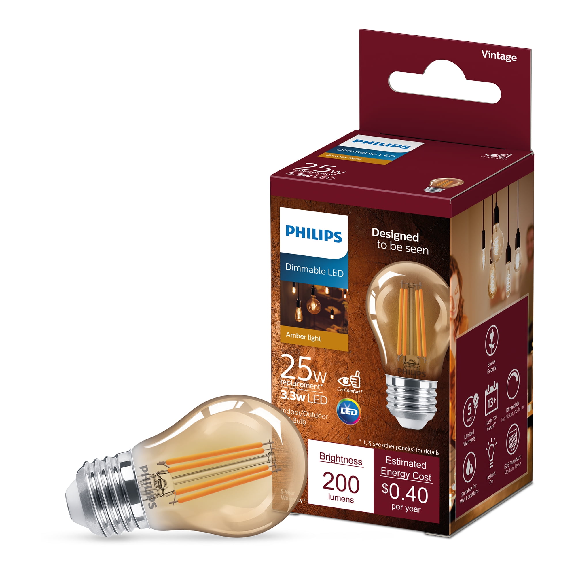 next bent reading Philips LED Vintage 25-Watt A15 Filament General Purpose, Household Light  Bulb, Clear Amber, Dimmable, E26 Medium Base (1-Pack) - Walmart.com
