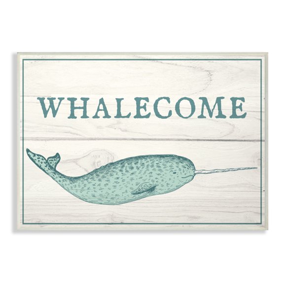 The Stupell Home Decor Collection Blue and White Whalecome Welcome Narwhal Planks Oversized Wall Plaque Art, 12.5 x 0.5 x 18.5