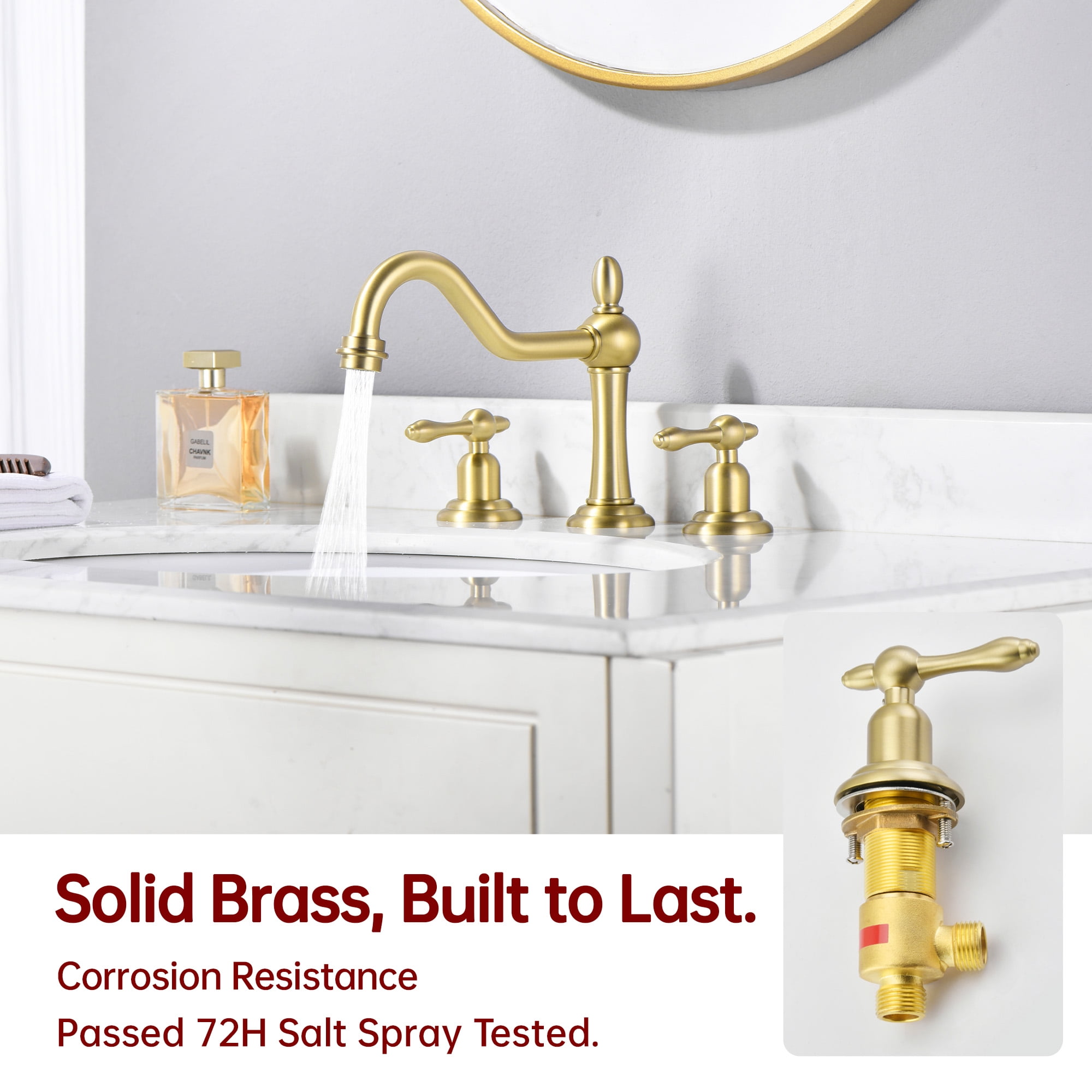 sumerain 3 Hole Bathroom Sink Faucet Brushed Gold, 8 Inch Widespread Bathroom Lavatory Faucet Two Handle