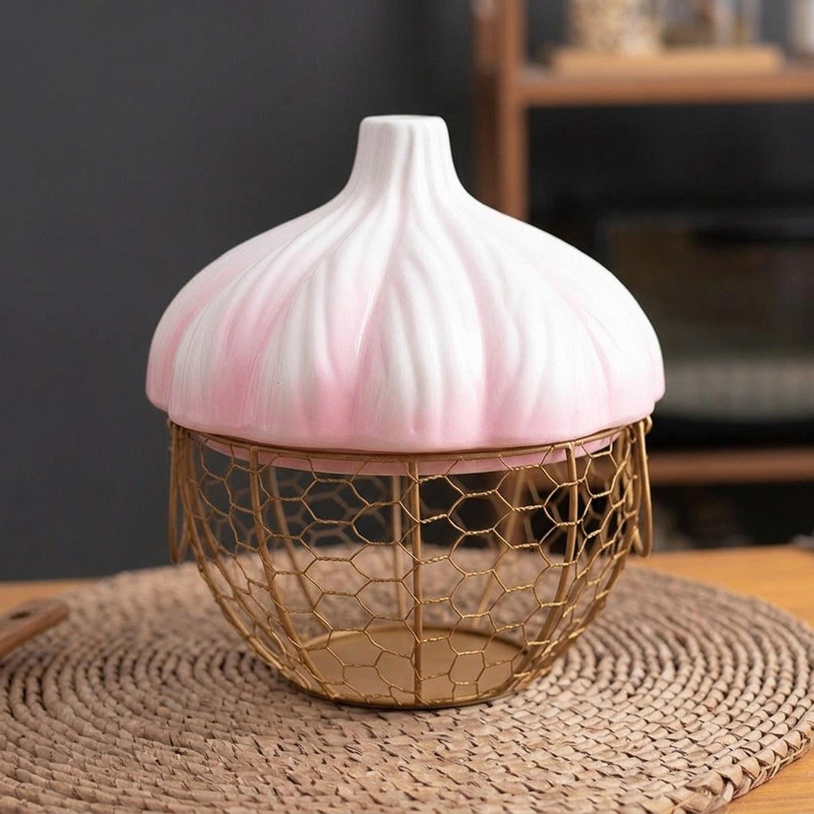 Fiocias Ceramic Holder Breathable Portable with Lid Egg Basket for Fruit Home Pantry Pink