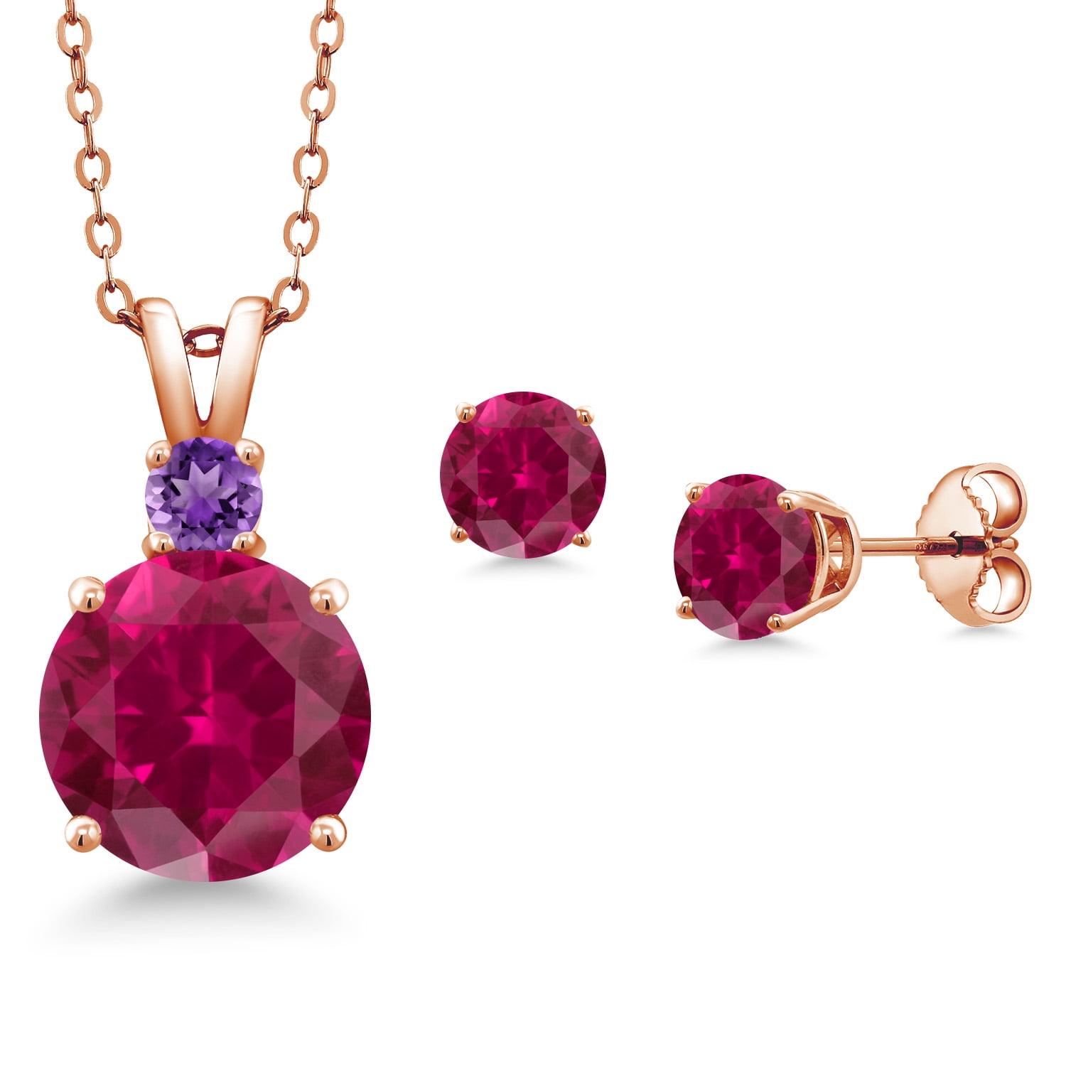 Gem Stone King 18K Rose Gold Plated Silver Round Red Created Ruby and Purple Amethyst Pendant and Earrings Jewelry Set for Women (5.36 Cttw, Gemstone Birthstone, with 18 inch Chain)