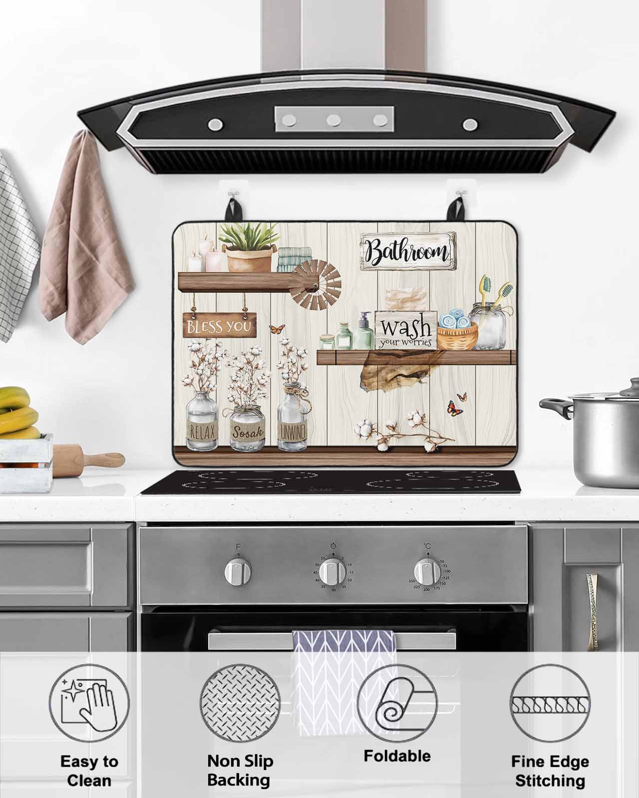 nqOlkjepod Large Induction Cooktop Protector Mat 24"x21", Vintage Cartoon Stove Top Covers for Electric Stove, Funny Wood Grain Plant Country Art Stove Burner Cover Mats, Glass Top Stove Cover