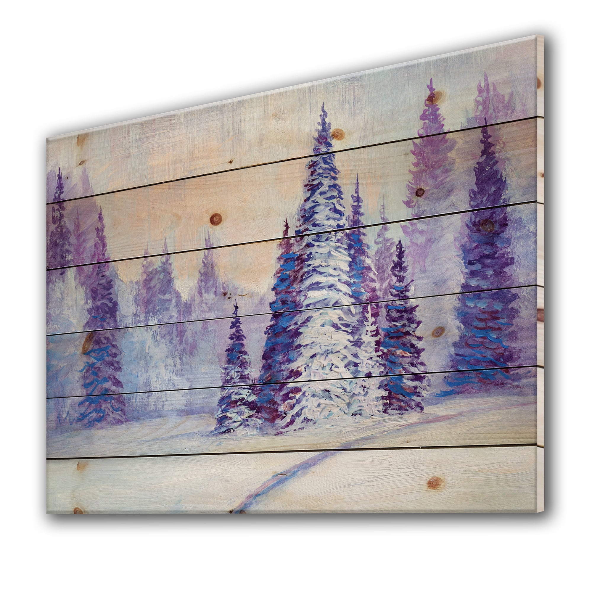 Designart 'The Forest With Winter Road' Farmhouse Print on Natural Pine Wood