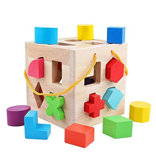 QZM Shape Sorter Toys with 19 Colorful Wood Geometric Shape Blocks