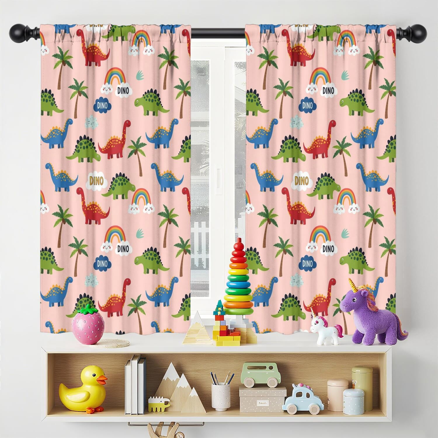 Blackout Kids Curtains,Pink Dinosaur and Rainbow Pattern Childrens Insulated Curtains Set Of 2,Bedroom Essentials,Toddler Room Decor 42"x54"