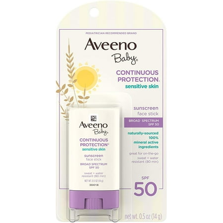 Aveeno Baby Continuous Protection Sensitive Skin Mineral Sunscreen Stick for Face with Broad Spectrum SPF 50 Zinc Oxide & Titanium Dioxide Oil-Free & Water-Resistant Travel-Size 0.5 oz (Pack of 2)