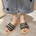 thumbnail image 3 of Ndbuld Womens Slip On Flip Flops Ring Toe Strappy Summer Gladiator Flat Sandals Faux Straw Travel Linen Slippers Summer Outer Beach Flat Heel Cool Slippers Black, 3 of 4
