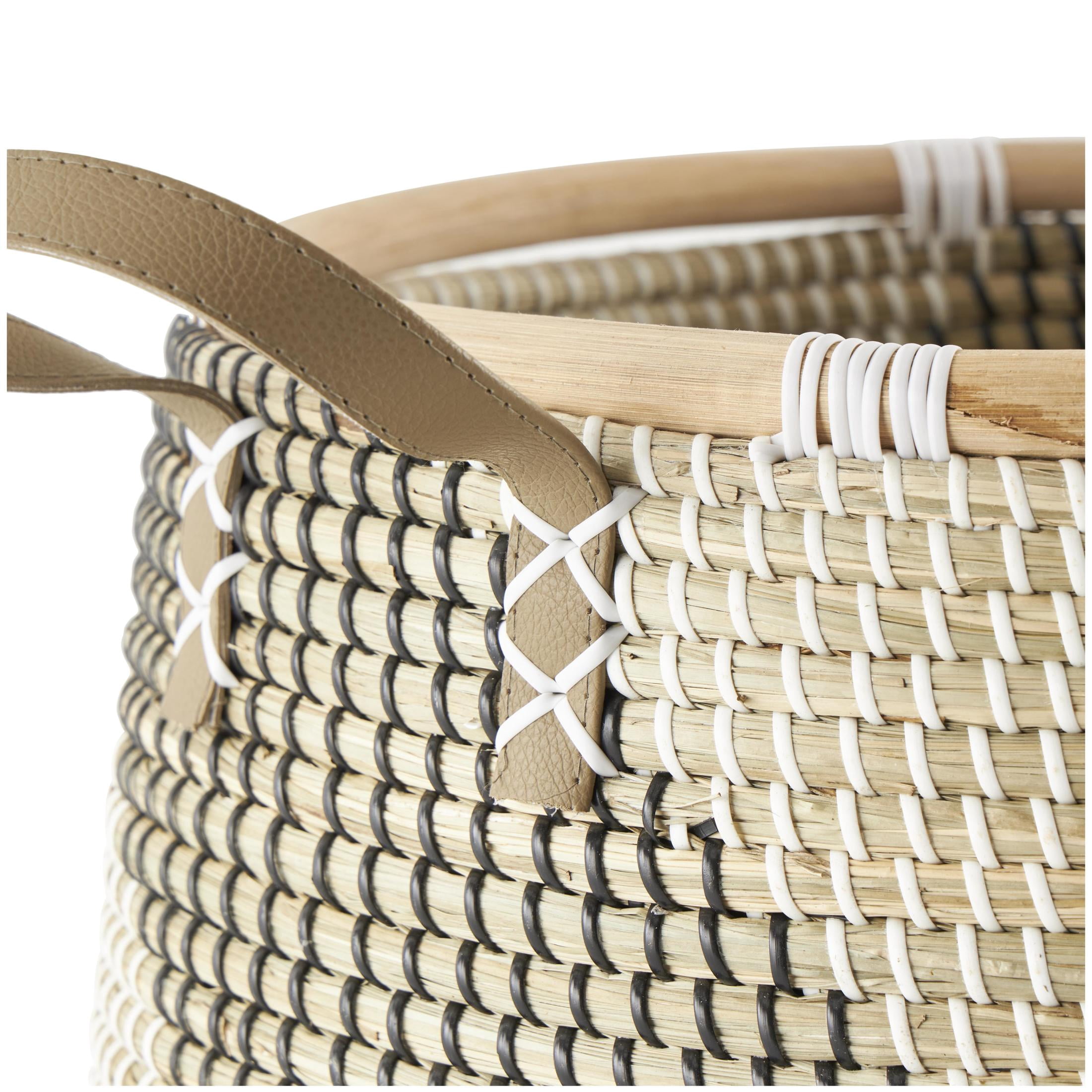 DecMode 18", 13"W Brown Seagrass Handmade Diagonal Striped Storage Basket with Leather Handles, 2-Pieces