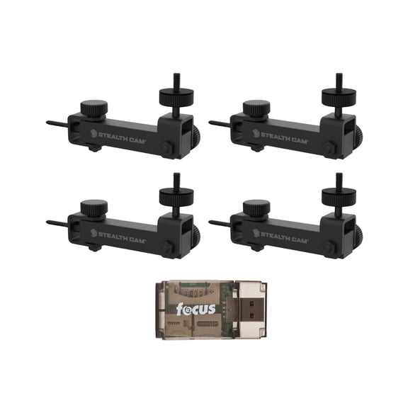 Stealth Cam Eco Mount with Horizontal Vertical Pivot Rugged Steel Tube Construction (Black, 4-Pack) Bundle with Card Reader (5 Items)