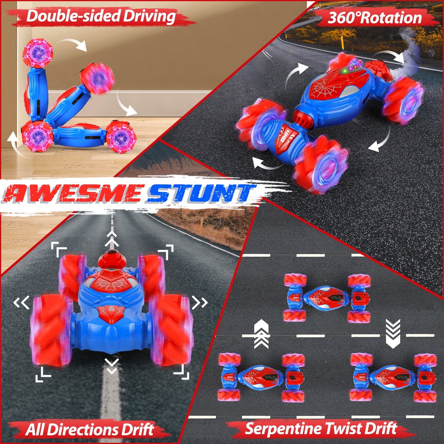 Huge Wave Remote Control Car for Boys, 2.4GHz 4WD Gesture Sensing RC Stunt Car Toys, 360° Rotating Double Sided with LED Lights, Birthday Gift for Kids Aged 4-8