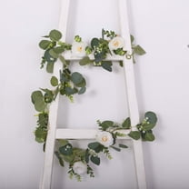 Efavormart 5.5ft | Artificial Eucalyptus Leaf Table Garland With 7 White Rose Flower Heads, Floral Greenery Hanging Vines