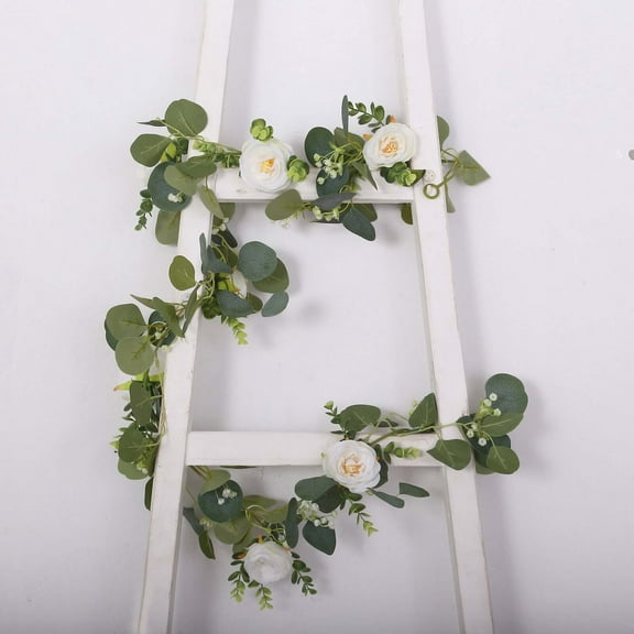 Efavormart 5.5ft | Artificial Eucalyptus Leaf Table Garland With 7 White Rose Flower Heads, Floral Greenery Hanging Vines