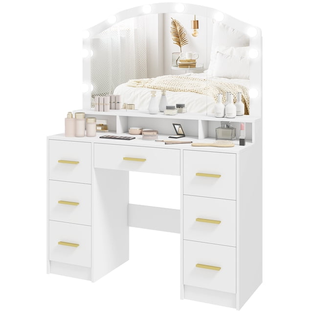 CoSoTower Makeup Vanity with Mirror and 10 LED Lights, 3 Colour Adjustable, Dressing Table with 7 Drawers, 3 Compartments, White