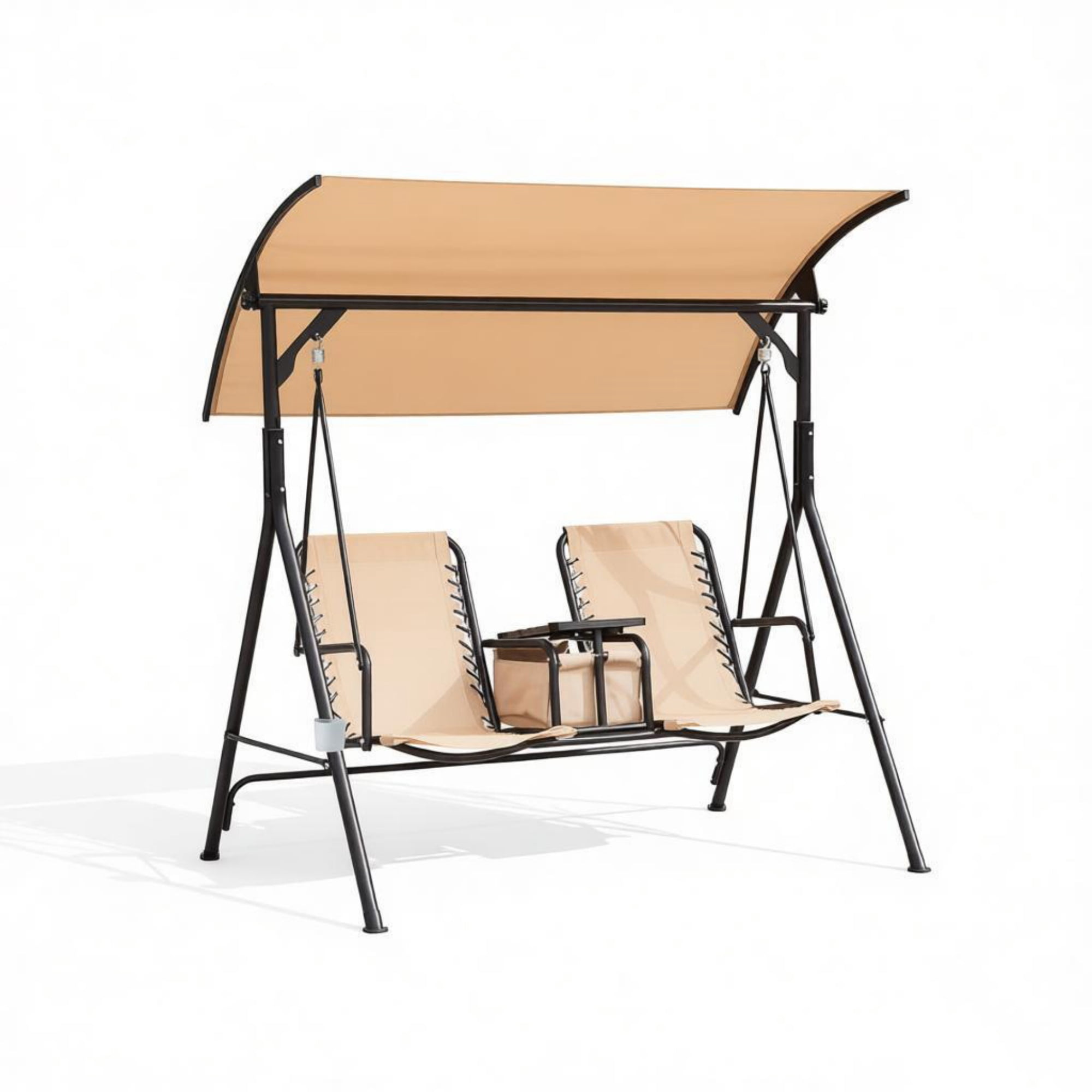 2-Seat Porch Swing with Adjustable Canopy, Built-in Storage Table & Cup Holders for Backyard, Beige