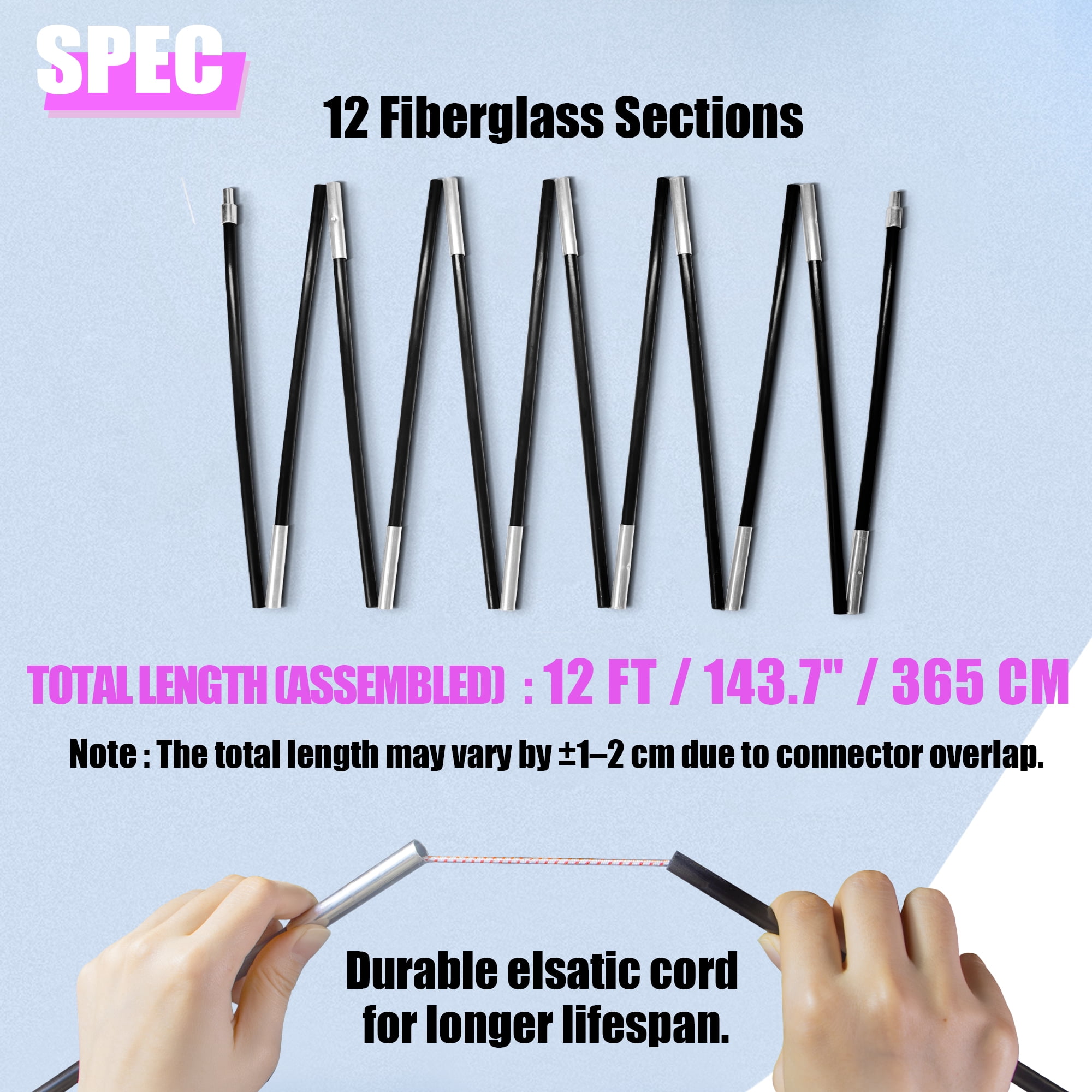 Betus Fibreglass Tent Poles Replacement - Pre-Assembled Black Tent Pole for Hiking & Camping - Easy to Install Outdoor Tent Repair Rod (12Ft)